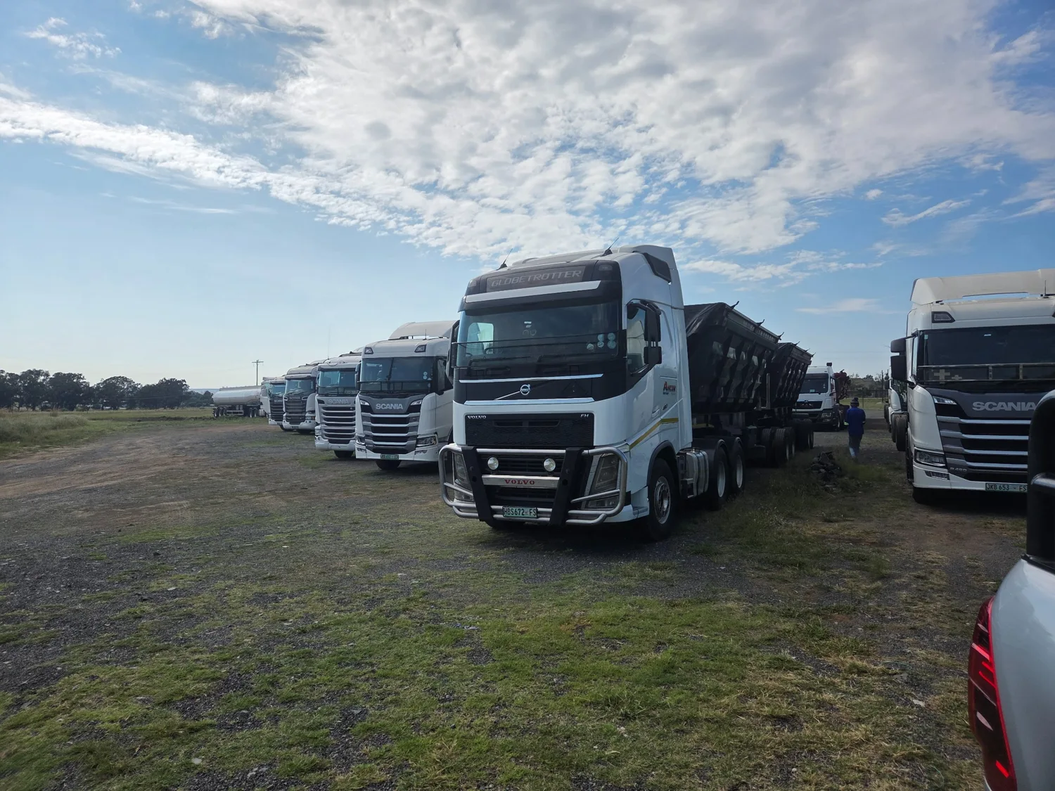 Volvo and Scania trucks lined up in a transport fleet yard